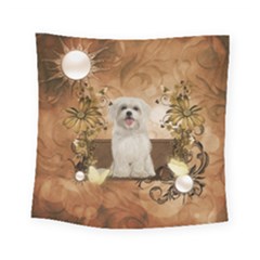 Cute Maltese Puppy With Flowers Square Tapestry (small) by FantasyWorld7