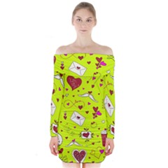 Valentin s Day Love Hearts Pattern Red Pink Green Long Sleeve Off Shoulder Dress by EDDArt