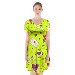 Valentin s Day Love Hearts Pattern Red Pink Green Short Sleeve V-neck Flare Dress by EDDArt