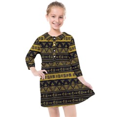 Native American Ornaments Watercolor Pattern Black Gold Kids  Quarter Sleeve Shirt Dress by EDDArt