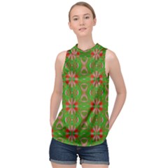 Seamless Wallpaper Digital Art Green Red High Neck Satin Top by Pakrebo