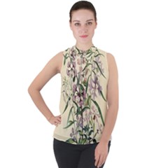 Botanical Print Antique Natural Mock Neck Chiffon Sleeveless Top by Pakrebo