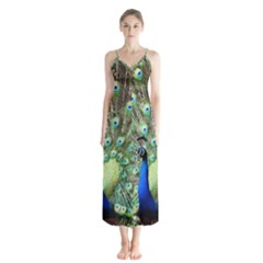 Blue And Green Peacock Button Up Chiffon Maxi Dress by Pakrebo