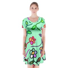 Flowers Floral Plants Short Sleeve V-neck Flare Dress by Bajindul