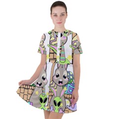 Graphic Kawaii Bunnies Short Sleeve Shoulder Cut Out Dress  by Sudhe