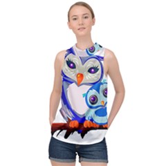 Owl Mother Owl Baby Owl Nature High Neck Satin Top by Sudhe