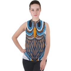 Owl Drawing Art Vintage Clothing Blue Feather Mock Neck Chiffon Sleeveless Top by Sudhe