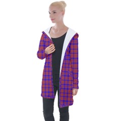 Pattern Plaid Geometric Red Blue Longline Hooded Cardigan by Simbadda