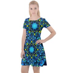 Mandala Blue Abstract Circle Cap Sleeve Velour Dress  by Simbadda