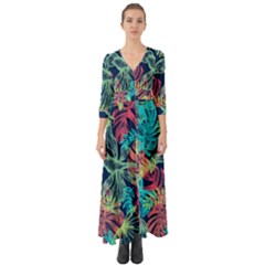 Leaves Tropical Picture Plant Button Up Boho Maxi Dress by Simbadda