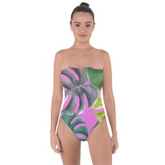 Tropical Greens Leaves Design Tie Back One Piece Swimsuit by Simbadda