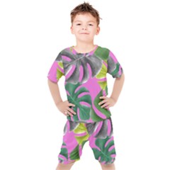 Tropical Greens Leaves Design Kids  Tee And Shorts Set by Simbadda