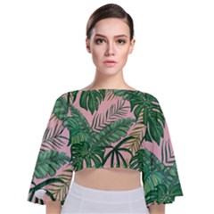 Tropical Greens Leaves Design Tie Back Butterfly Sleeve Chiffon Top by Simbadda