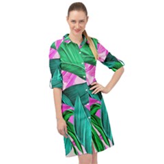 Tropical Greens Monstera Summer Long Sleeve Mini Shirt Dress by Simbadda