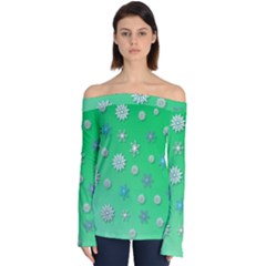 Snowflakes Winter Christmas Green Off Shoulder Long Sleeve Top by HermanTelo