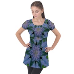 Abstract Flower Artwork Art Green Puff Sleeve Tunic Top by Sudhe