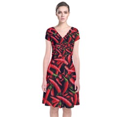 Red Chili Peppers Pattern  Short Sleeve Front Wrap Dress by bloomingvinedesign