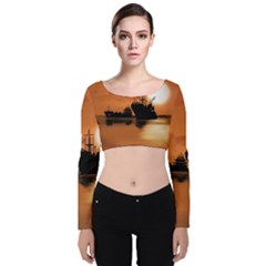 Digital Art Artwork Ship Boats Sea Velvet Long Sleeve Crop Top by Wegoenart