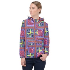 Shapes In Squares Pattern                       Women Hooded Front Pocket Windbreaker by LalyLauraFLM