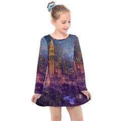 City Lights Skyline Buildings Kids  Long Sleeve Dress by Wegoenart