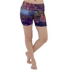 City Lights Skyline Buildings Lightweight Velour Yoga Shorts by Wegoenart