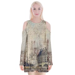 London Westminster Bridge Building Velvet Long Sleeve Shoulder Cutout Dress by Wegoenart