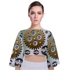 Gear Background Sprocket Tie Back Butterfly Sleeve Chiffon Top by HermanTelo