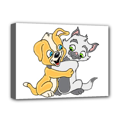 Puppy And Siamese Love Deluxe Canvas 16  X 12  (framed)  by retrotoomoderndesigns