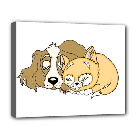 Dog And Kitten Nap Deluxe Canvas 20  X 16  (framed) by retrotoomoderndesigns