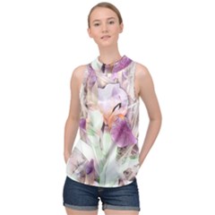 Iris Digital Painting Flower Pastel High Neck Satin Top by Pakrebo