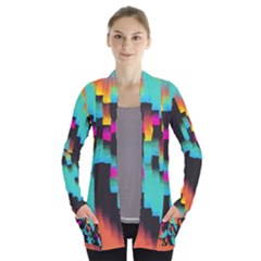 Rectangles In Retro Colors                                 Women s Open Front Pockets Cardigan by LalyLauraFLM