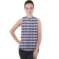 Black Flower  On Purple White Pattern Mock Neck Chiffon Sleeveless Top by BrightVibesDesign