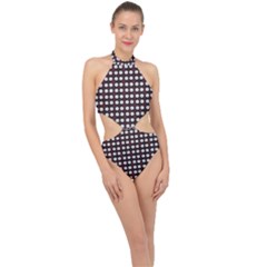 White Flower Pattern On Pink Black Halter Side Cut Swimsuit by BrightVibesDesign