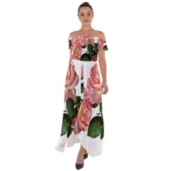 Roses Flowers Arrangement Garden Off Shoulder Open Front Chiffon Dress by Simbadda