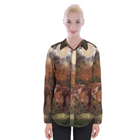 Awesome Wolf In The Darkness Of The Night Womens Long Sleeve Shirt by FantasyWorld7