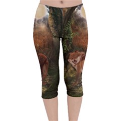 Awesome Wolf In The Darkness Of The Night Velvet Capri Leggings  by FantasyWorld7