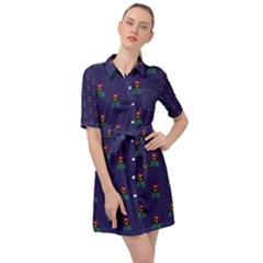 Nerdy 60s  Girl Pattern Blue Belted Shirt Dress by snowwhitegirl