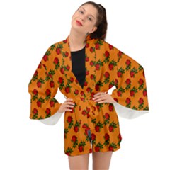 Red Roses Orange Long Sleeve Kimono by snowwhitegirl