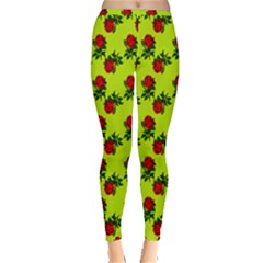 Red Roses Lime Green Inside Out Leggings by snowwhitegirl