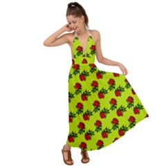 Red Roses Lime Green Backless Maxi Beach Dress by snowwhitegirl