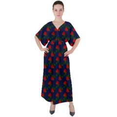 Red Roses Dark Blue V-neck Boho Style Maxi Dress by snowwhitegirl