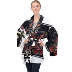 Skull Rose Fantasy Dark Flowers Long Sleeve Velvet Kimono  by Sudhe