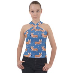 Corgi Patterns Cross Neck Velour Top by Sudhe