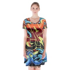 Graffiti Colourful Street Art Art Short Sleeve V-neck Flare Dress by Simbadda