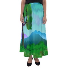 Landscape Illustration Nature Tree Flared Maxi Skirt by Simbadda