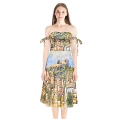 Architecture Town Travel Water Shoulder Tie Bardot Midi Dress by Simbadda