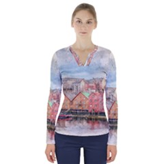 Architecture City Buildings River V-neck Long Sleeve Top by Simbadda