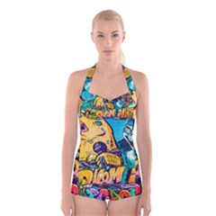 Graffiti Street Art Mountains Wall Boyleg Halter Swimsuit  by Simbadda