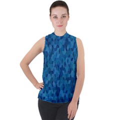 Blue Mosaic Mock Neck Chiffon Sleeveless Top by retrotoomoderndesigns