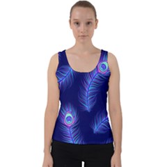 Seamless Pattern With Colorful Peacock Feathers Dark Blue Background Velvet Tank Top by Vaneshart